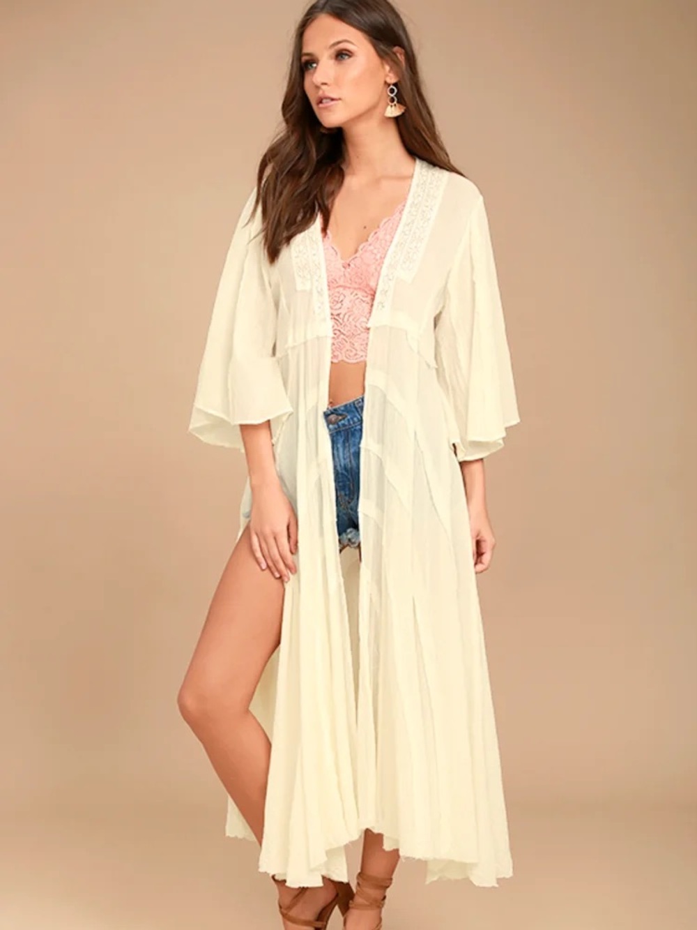 Free People Cream Lace-Yoke Peasant Top/duster in linen and crochet

NWT